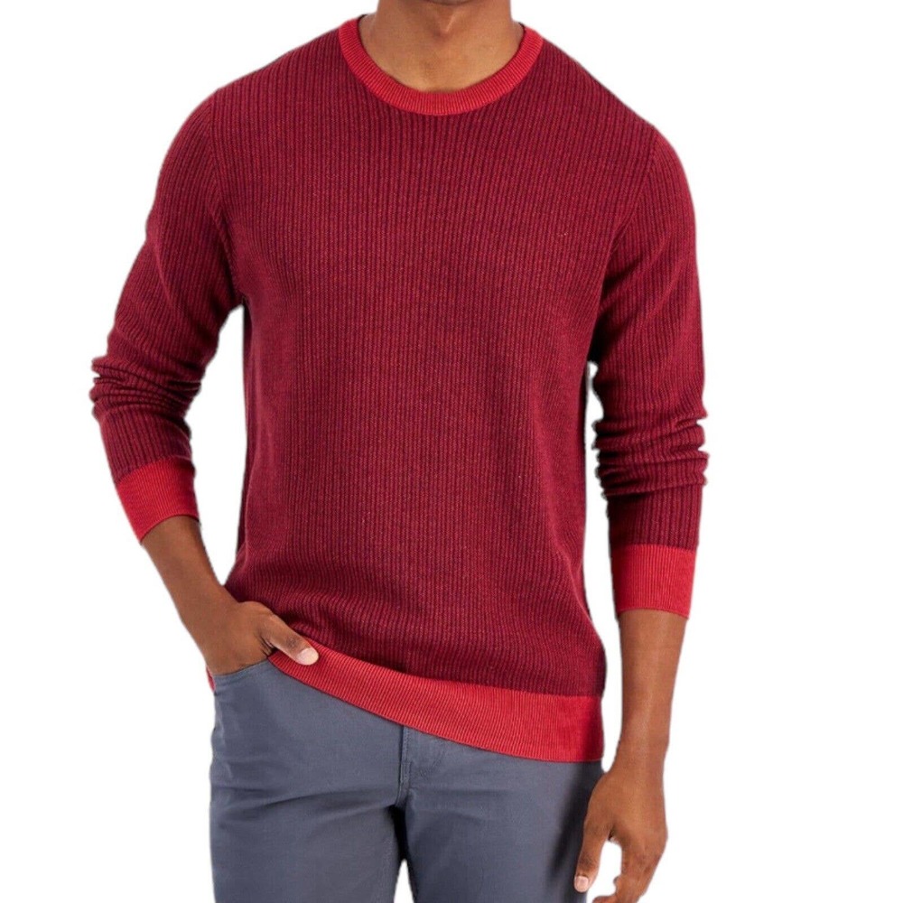 NWT Club Room Men’s Ribbed Dark Red Striped Classic Crewneck Sweater Size XL